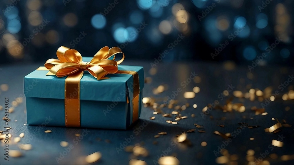Blue paper gift box with a gold bow on a blurred New Year's background. .Generative ai. Blue paper gift box with a gold bow on a blurred New Year's background. .Generative ai.