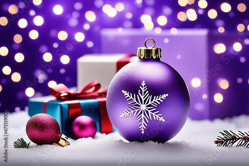 lilac Christmas tree decorations close-up with fir branch, gift boxe.Bokeh background.Generative AI