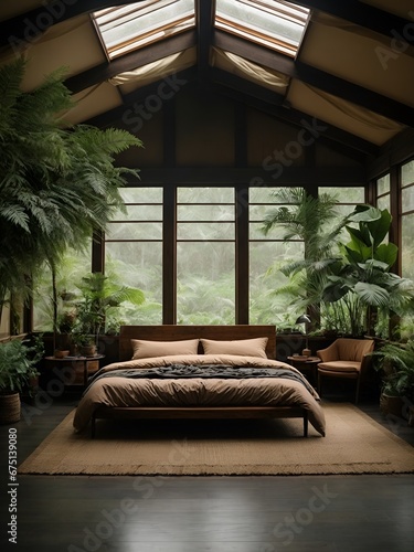 A dark bedroom setting. The bed is a luxurious king. The  brown comforter is pulled back, tan sheets. Luxuriant pillows. Ferns drop down from above. The ceiling is dark. 