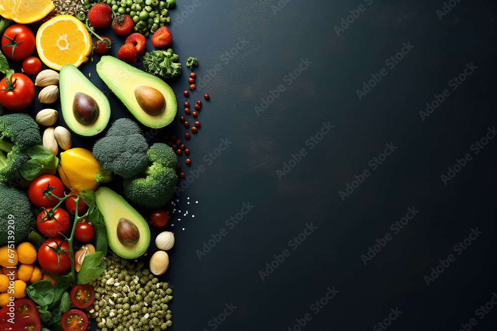 Flat lay vegetables and fruits on a dark background with copy space. Fresh healthy food, vegetarianism, diet concept