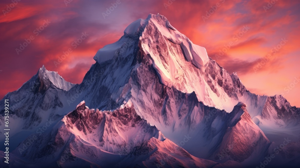  a snow covered mountain with a red sky in the background and clouds in the foreground and a pink and purple sky in the background.  generative ai