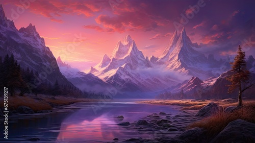  a painting of a mountain landscape with a lake in the foreground and a mountain range in the background at sunset. generative ai