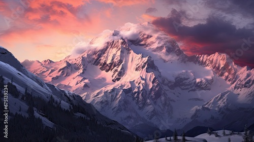  a mountain covered in snow under a pink and purple sky with clouds in the foreground and trees in the foreground. generative ai
