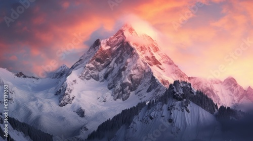  a snowy mountain covered in snow under a pink and blue sky with a pink and yellow light coming out of the top of it.  generative ai © Anna
