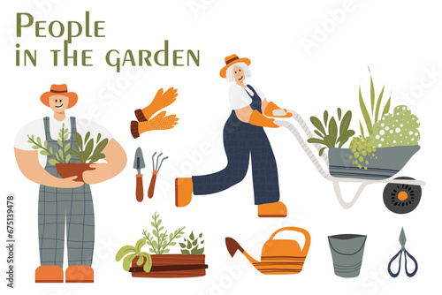 Happy people in the garden. Elderly woman and man with plants and gardening tools: shovel, rake, gloves, wheelbarrow, shears, watering can. Active Aging.