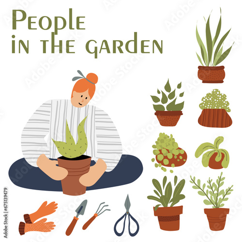 Happy woman with different plants, flowerpots and gardening tools. People in the garden. 
