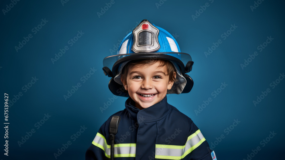 Handsome Boy smiles, imagines to be a firefighter, wears an firefighter suit and helmet. Blue background. Future dream profession. Ai generative Handsome Boy smiles, imagines to be a firefighter, wears an firefighter suit and helmet. Blue background. Future dream profession. Ai generative
