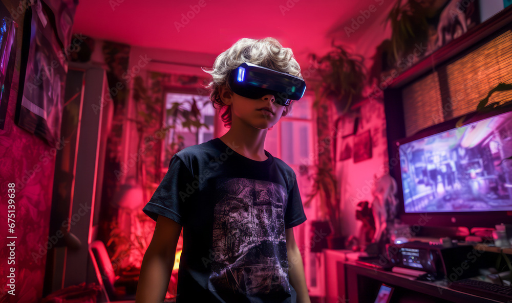 A boy wears a VR helmet stands in a room, illuminated by neon light. Concept of a metaverse virtual world. Augmented reality technology idea. Ai generative