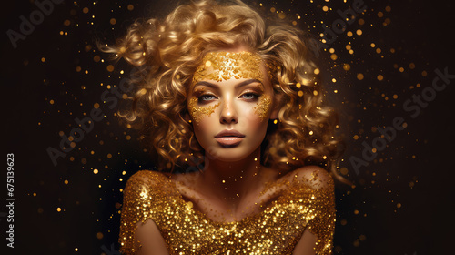 striking portrait of a woman adorned with golden glitter and a mysterious gaze photo