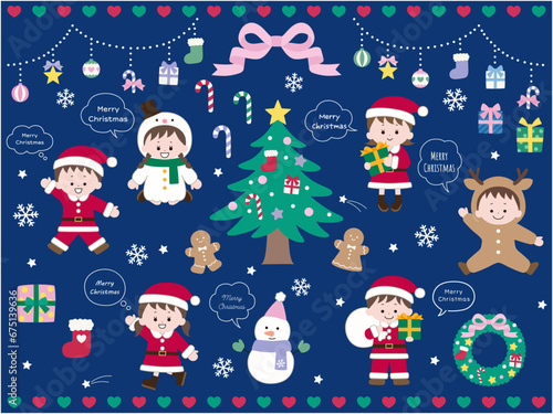 かわいい飾りと子供達のクリスマスイラストセット。ベクター、男の子、女の子、雪だるま、トナカイ	