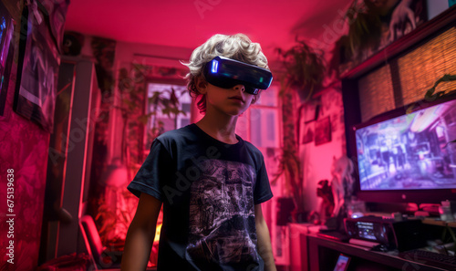 A boy wears a VR helmet stands in a room, illuminated by neon light. Concept of a metaverse virtual world. Augmented reality technology idea. Ai generative