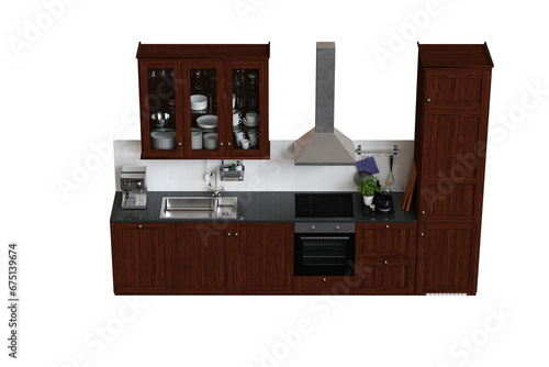 modern kitchen isolated on transparent background  home furniture  3D illustration  cg render