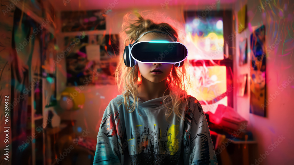 A girl child wearing VR goggles, stands in living room, enjoying a virtual reality experience with joy. Neon room. Concept of future tech. Ai generative
