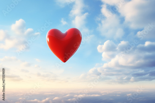 A heart-shaped balloon floating high in the sky, carried away by the wind.