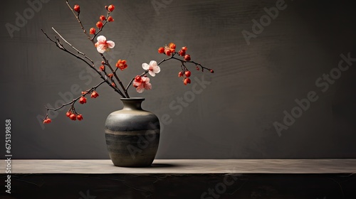  a vase with flowers in it sitting on a table next to a gray wall and a gray wall behind it.  generative ai