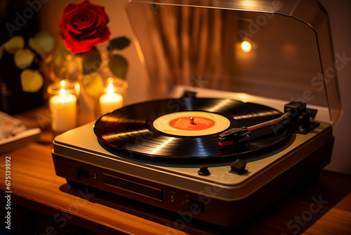 A vintage record player spinning a classic love song on a dimly lit, retro-inspired date night.
