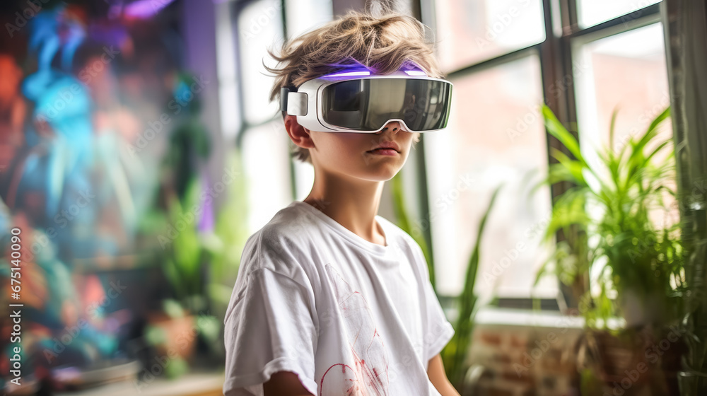 Excited kid wearing VR glasses, enjoying a virtual reality experience with joy. Ai generative Excited kid wearing VR glasses, enjoying a virtual reality experience with joy. Ai generative