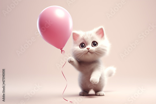 Smiling cat holding a pink heart shaped balloon for Valentine Day or birthday.