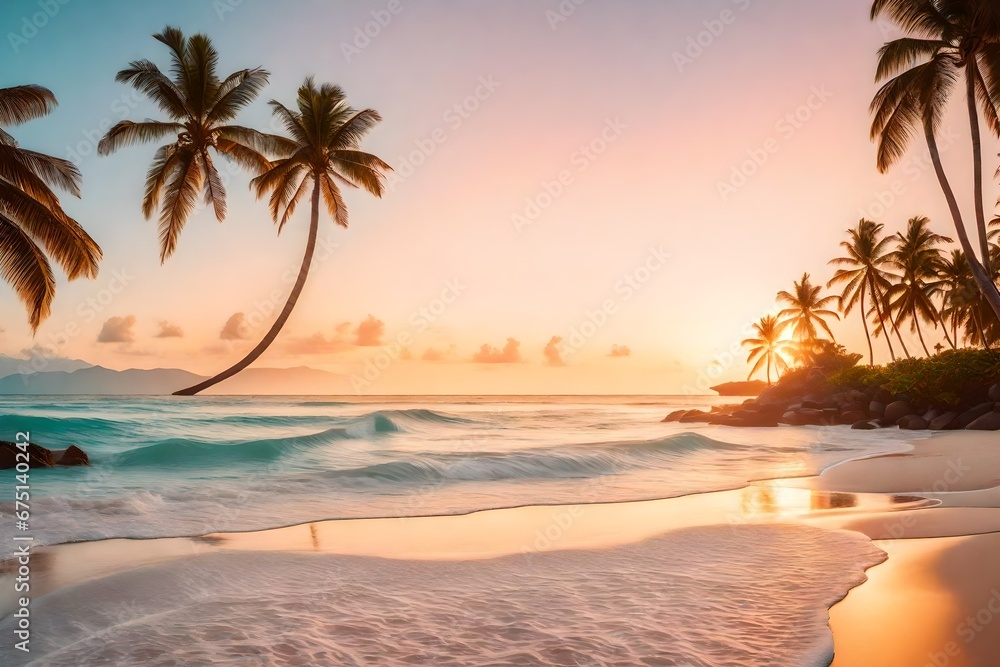 A tranquil, tropical beach at sunrise, where palm trees frame the view of the calm ocean. The sky is painted in soft pastel colors, and the waves gently kiss the shore. --