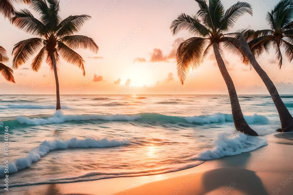 A tranquil, tropical beach at sunrise, where palm trees frame the view of the calm ocean. The sky is painted in soft pastel colors, and the waves gently kiss the shore. --