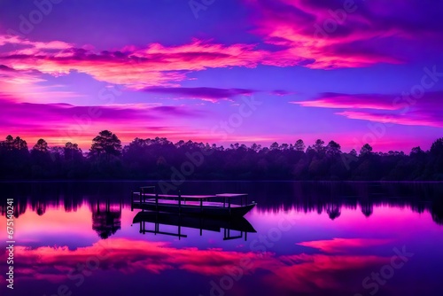 A mesmerizing twilight over a tranquil lake  the sky painted with shades of purple  pink  and orange. The reflection of the colorful sky is mirrored in the calm water. --