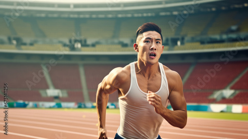 Asian sportsman athlete running on stadium. Healthcare and sport concept. Ai generative