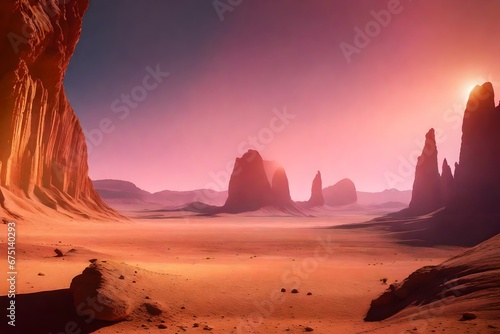 A surreal, alien desert landscape with towering, crystalline rock formations that catch the light and create a captivating, otherworldly spectacle. --