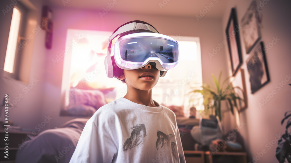Excited kid wearing VR goggles, stands in room, enjoying a virtual reality experience with joy. Ai generative Excited kid wearing VR goggles, stands in room, enjoying a virtual reality experience with joy. Ai generative
