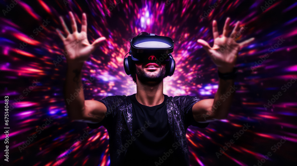 Portrait of a handsome man wears a VR headset, hands touching virtual space. Concept of a metaverse virtual world. Augmented reality technology. Ai generative Portrait of a handsome man wears a VR headset, hands touching virtual space. Concept of a metaverse virtual world. Augmented reality technology. Ai generative