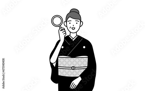 New Year's greeting and weddings, Senior woman in kimono looking through magnifying glasses