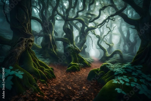 An enchanting, misty forest with ancient, twisted trees and a mysterious, glowing path leading deeper into the woods. The air is filled with magic and wonder. --