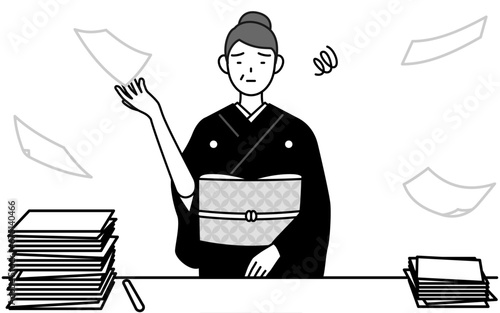 New Year's greeting and weddings, Senior woman in kimono who is fed up with her unorganized business.