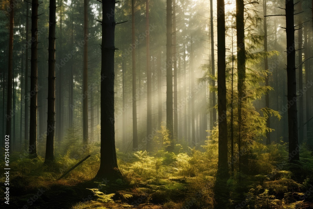 Natural forest of spruce trees, sunbeams through fog create mystic atmosphere. Generative AI