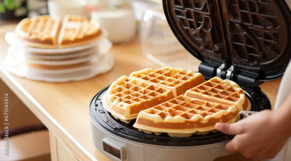 Close up of waffles baked on waffle maker iron machine. Generative AI Close up of waffles baked on waffle maker iron machine. Generative AI