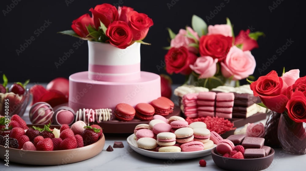  a table topped with a cake and lots of pink and red flowers next to a plate of macaroons.  generative ai