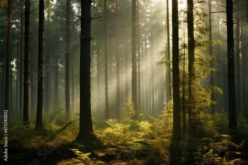 Natural forest of spruce trees, sunbeams through fog create mystic atmosphere. Generative AI © kardaska