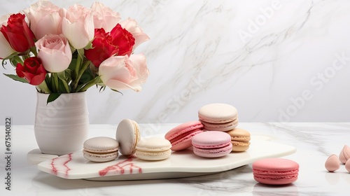  a white vase filled with pink roses next to macaroons and macaroons on a white platter. generative ai