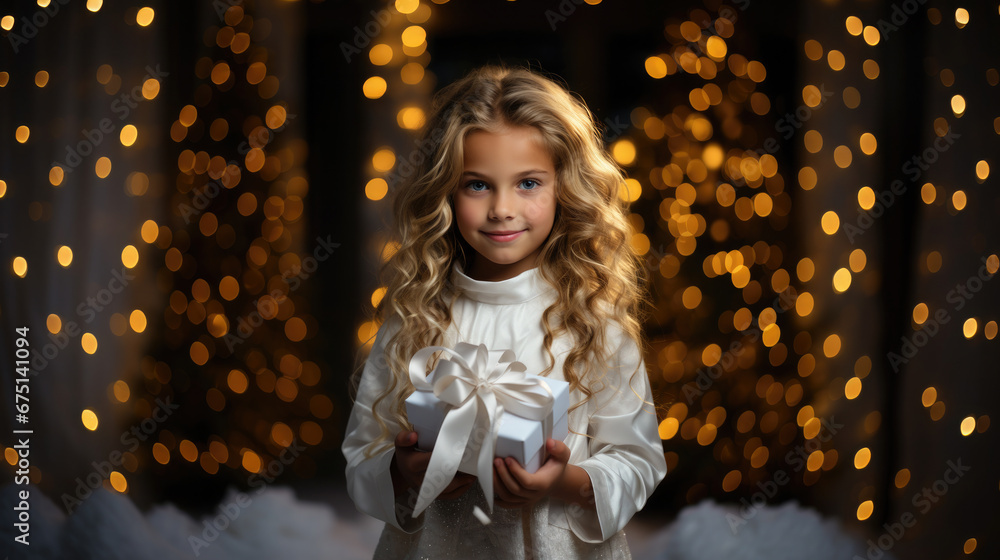 beautiful little blonde girl in a white dress holds a gift box with a ribbon on a background of garlands and snow, winter, new year, christmas, child, kid, childhood, postcard, present, portrait, face beautiful little blonde girl in a white dress holds a gift box with a ribbon on a background of garlands and snow, winter, new year, christmas, child, kid, childhood, postcard, present, portrait, face