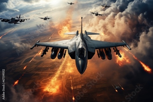 Fighter jets flying in a military combat zone. War zone in the sky. Generative AI photo