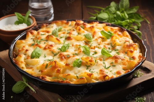 Baked pasta with cheese and eggs. Generative AI