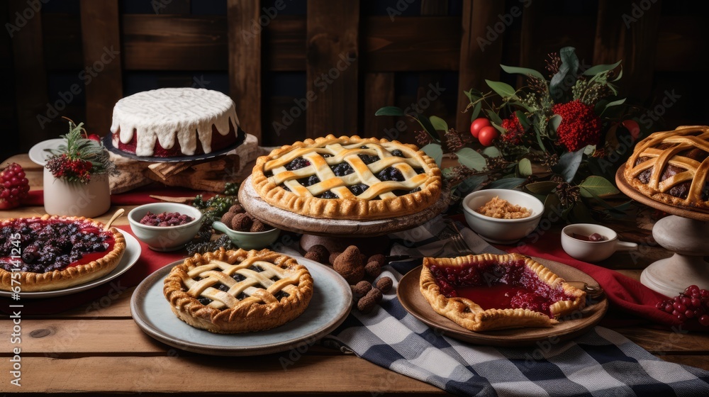  a table topped with pies and pies covered in frosting next to bowls of berries and other desserts.  generative ai