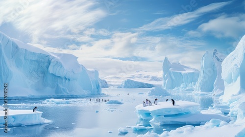 Group of penguins in Antarctica on an iceberg in the ocean. Generative AI