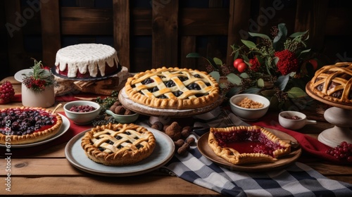  a table topped with pies and pies covered in frosting next to bowls of berries and other desserts.  generative ai © Olga