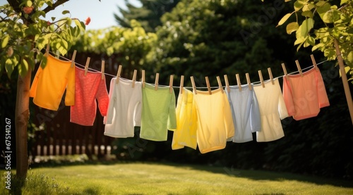 After being washed children colorful clothes dried outdoor. Generative AI