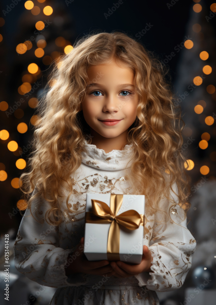 beautiful little blonde girl in a white dress holds a gift box with a ribbon on a background of garlands and snow, winter, new year, christmas, child, kid, childhood, postcard, present, portrait, face
