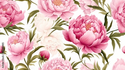  a bunch of pink and white flowers with green leaves on a white background with pink and white peonies.  generative ai
