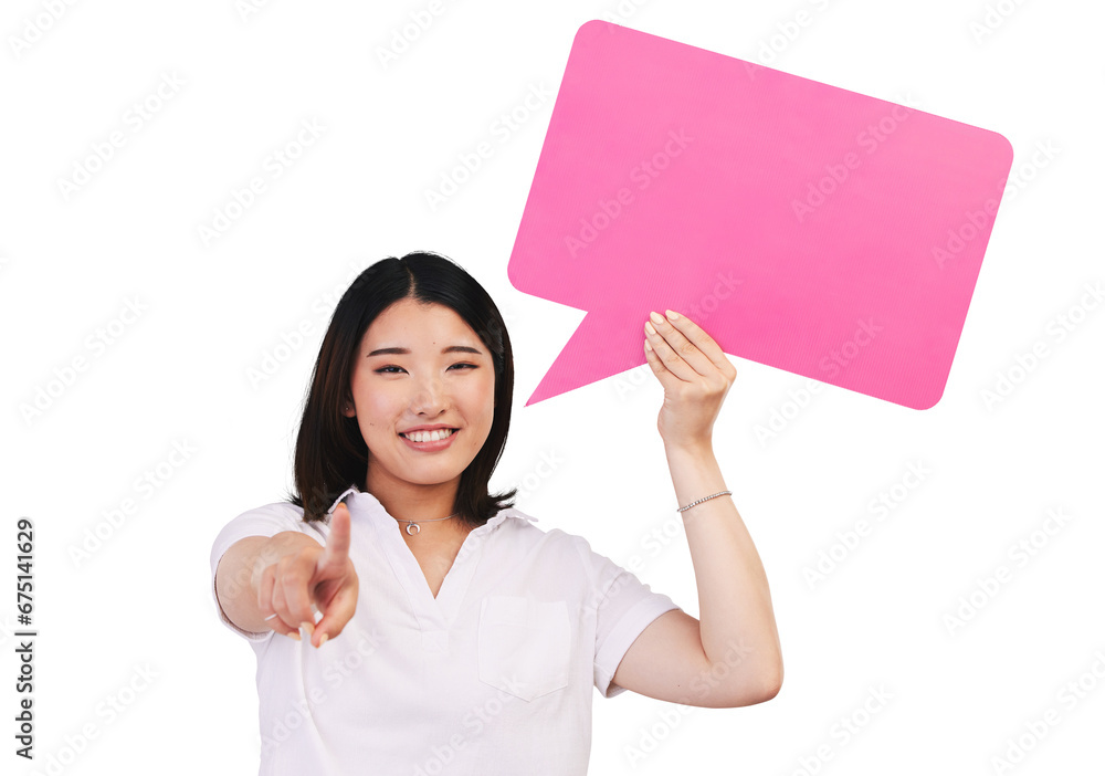 Isolated woman, speech bubble and portrait to point at you with opinion by transparent png background. Japanese girl, poster or board for feedback, quote or review with mockup space for social media Isolated woman, speech bubble and portrait to point at you with opinion by transparent png background. Japanese girl, poster or board for feedback, quote or review with mockup space for social media