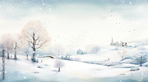 Wallpaper Mural  a painting of a snowy landscape with a church and trees in the foreground and birds flying in the background.  generative ai Torontodigital.ca