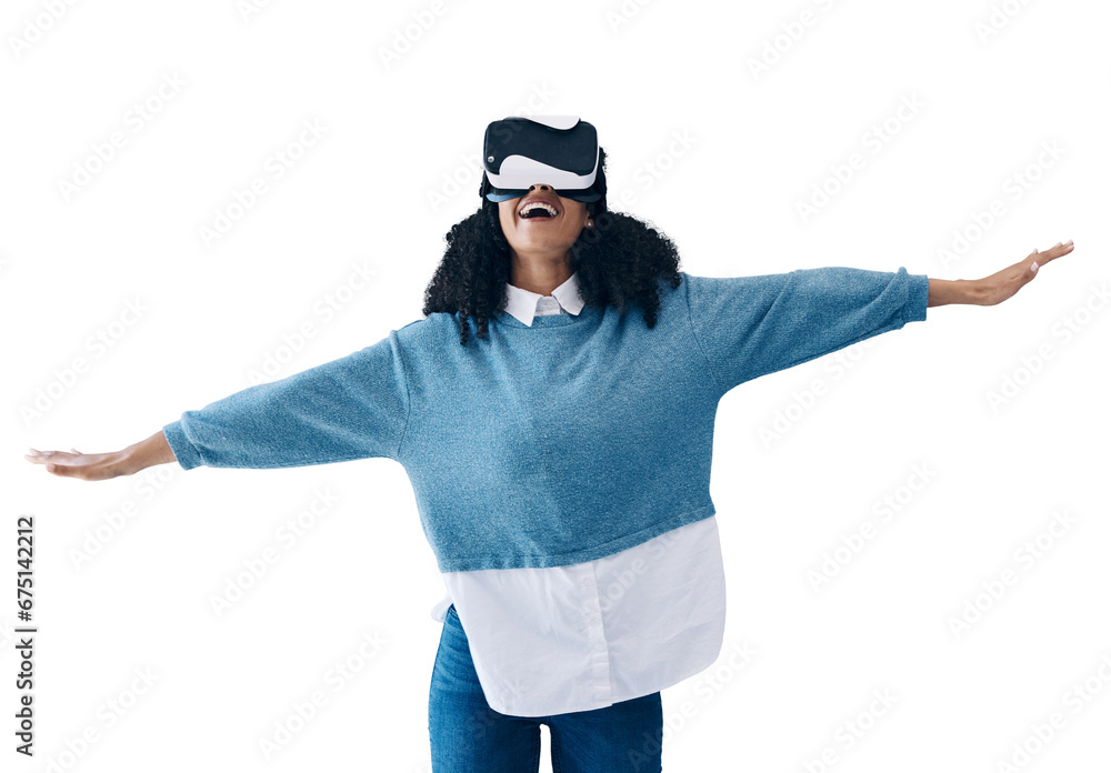 Woman, virtual reality glasses and futuristic with digital app, internet and flying game isolated on transparent background. Person, model and girl with VR headset, tech or png with online experience Woman, virtual reality glasses and futuristic with digital app, internet and flying game isolated on transparent background. Person, model and girl with VR headset, tech or png with online experience