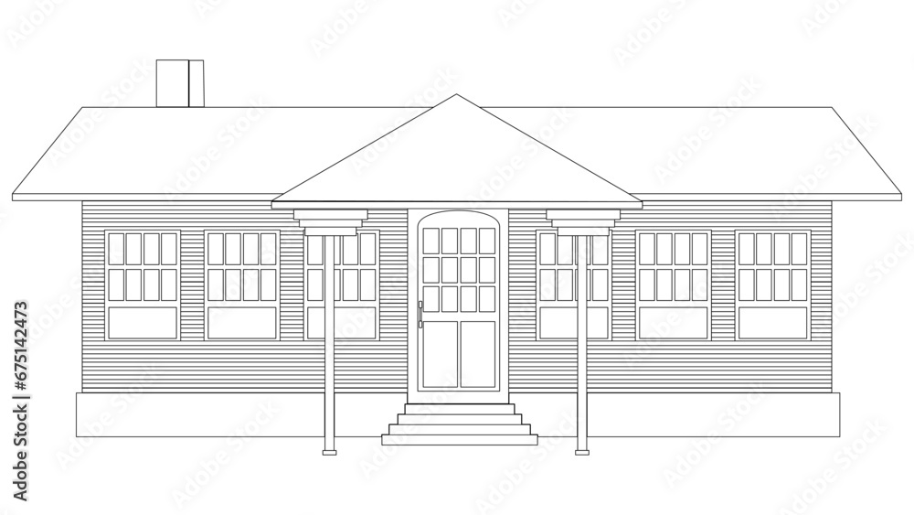 Black outline of one-story house with porch and canopy isolated on white background. Clipart.